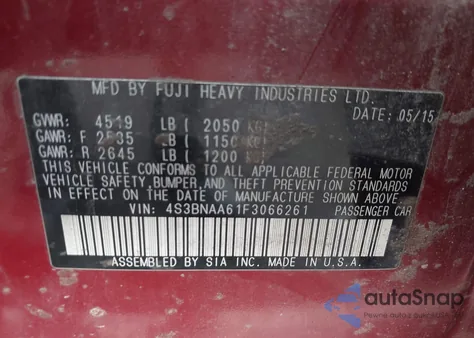 2015 Subaru Legacy 2.5I z USA, uszkodzony, nr VIN 4S3BNAA61F3066261